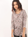 Linen Mix Floral Print Keyhole Neck Top