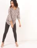 Linen Mix Floral Print Keyhole Neck Top