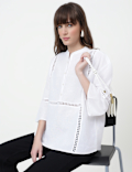 Linen Rich Embroidered Mandarin Collar Top
