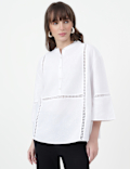 Linen Rich Embroidered Mandarin Collar Top