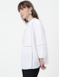 Linen Rich Embroidered Mandarin Collar Top