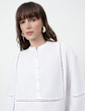 Linen Rich Embroidered Mandarin Collar Top