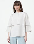 Linen Rich Embroidered Mandarin Collar Top