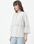 Linen Rich Embroidered Mandarin Collar Top