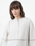 Linen Rich Embroidered Mandarin Collar Top