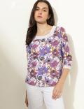Linen Blend Floral Print Square Neck Top