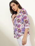Linen Blend Floral Print Square Neck Top