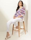 Linen Blend Floral Print Square Neck Top