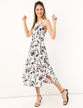 Linen Mix Floral Shoulder Straps Dress