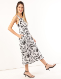 Linen Mix Floral Shoulder Straps Dress