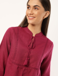 Linen Mix Plain Tie-Up Neck Top