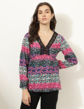 Linen Blend Printed V-Neck Top