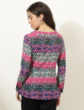 Linen Blend Printed V-Neck Top
