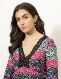 Linen Blend Printed V-Neck Top