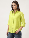 Pure Linen Plain Spread Collar Shirt