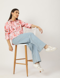 Pure Linen Floral Print Spread Collar Shirt