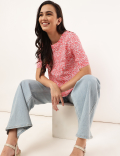 Pure Flax Floral Print Round Neck Top