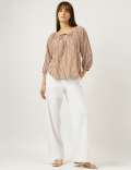 Linen Rich Geometric Print Tie-Ups Neck Top