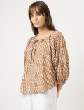 Linen Rich Geometric Print Tie-Ups Neck Top