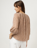 Linen Rich Geometric Print Tie-Ups Neck Top