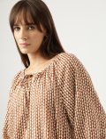 Linen Rich Geometric Print Tie-Ups Neck Top