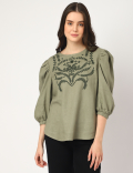 Linen Mix Embroidered Round Neck Blouse