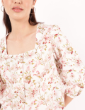 Linen Mix Printed Square Neck Shirt