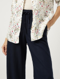 Linen Mix Plain Wide Leg Trousers