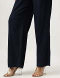 Linen Mix Plain Wide Leg Trousers