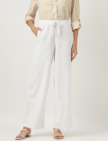Linen Mix Plain Wide Leg Trousers
