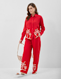 Linen Rich Embroidered Wide Leg Trousers