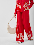 Linen Rich Embroidered Wide Leg Trousers