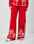 Linen Rich Embroidered Wide Leg Trousers