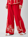 Linen Rich Embroidered Wide Leg Trousers
