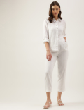 Linen Mix Plain Straight Leg Trousers
