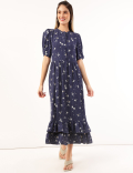 Pure Viscose Floral Round Neck Dress