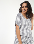 Flax Mix Striped V Neck Nightdress Set