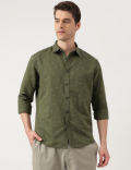 Linen Blend Printed Spread Collar Shirt