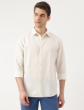 Linen Blend Printed Spread Collar Shirt