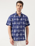 Linen Blend Printed Spread Collar Shirt