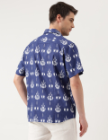Linen Blend Printed Spread Collar Shirt