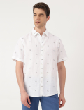 Linen Blend Floral Spread Collar Shirt