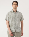 Linen Blend Printed Spread Collar Shirt
