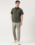 Linen Blend Printed Spread Collar Shirt
