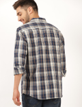 Linen Mix Checked Spread Collar Shirt