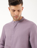 Linen Mix Plain Mandarin Collar Shirt