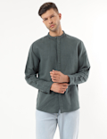 Linen Mix Plain Mandarin Collar Shirt