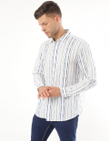 Linen Mix Striped Spread Collar Shirt