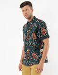Linen Mix Floral Print Spread Collar Shirt