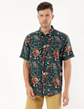 Linen Mix Floral Print Spread Collar Shirt